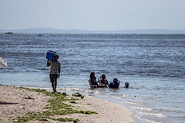 Apenas os pescadores e as atividades de esportes náuticos estão autorizados a utilizar a faixa de areia. (Praia da Ribeira))